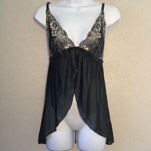 Y2K Black Cream Sheer Lace Nymphette Dollette Sexy Feminine Slip Chemise XL